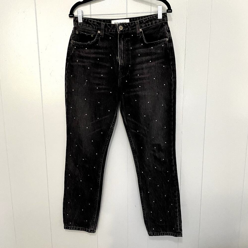 Reformation Pacific Black Studded Harley High Rise Slim Straight Jeans 29